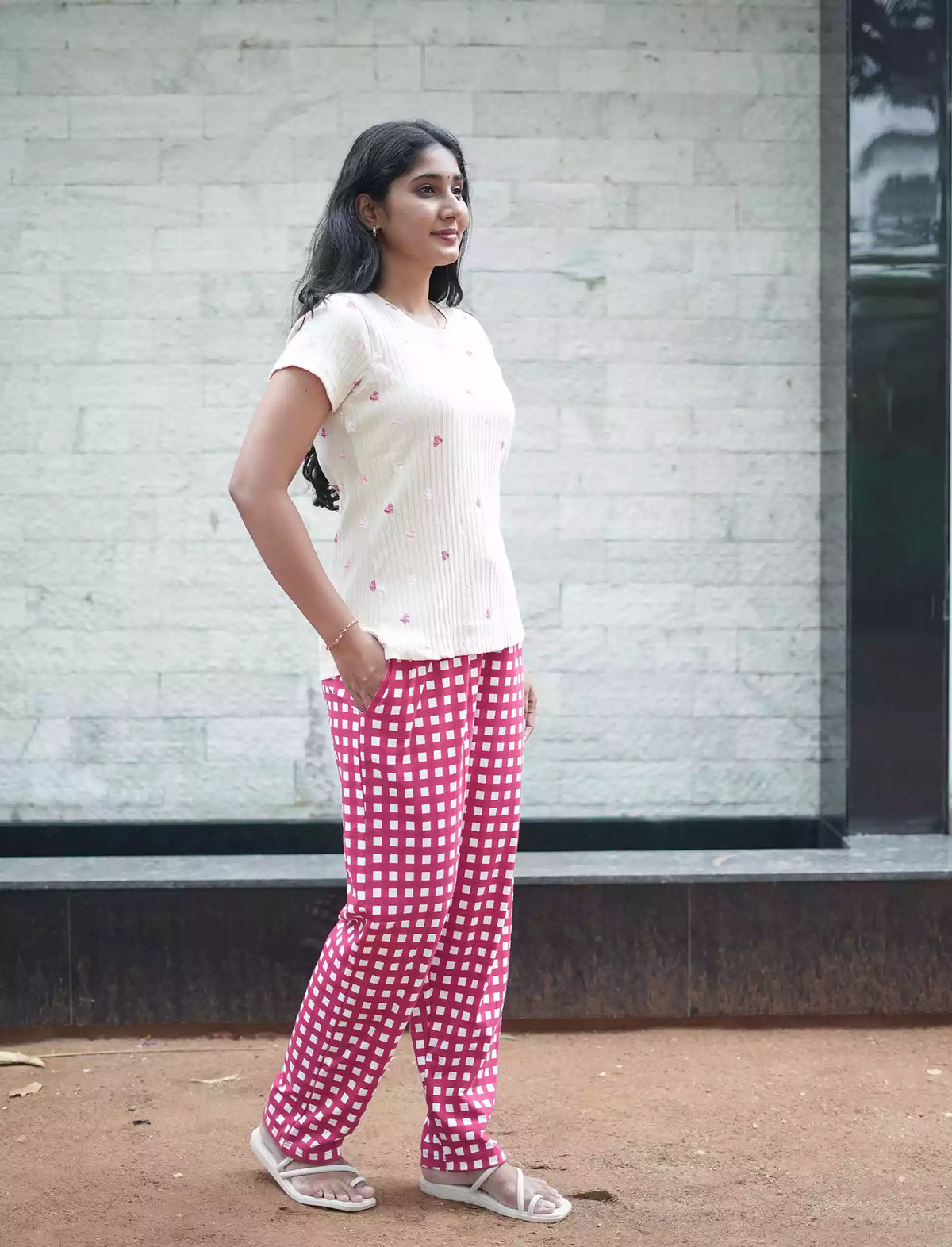 Pink Floral & Checks Ribbed Cotton Pyjama Set | Mangai Nighties