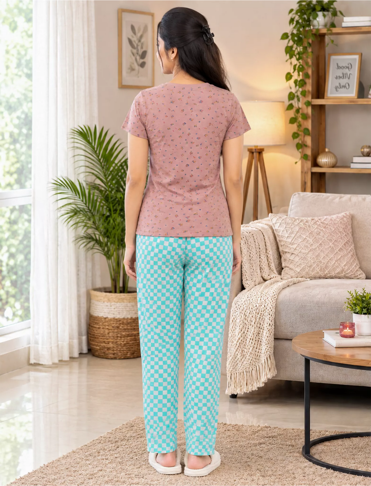Pink Floral Turquoise Check Cotton Pyjama Set with Pocket | Mangai Nighties