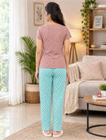 Pink Floral Turquoise Check Cotton Pyjama Set with Pocket | Mangai Nighties