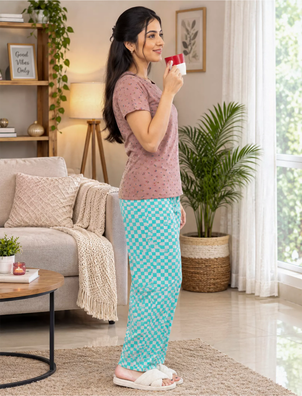 Pink Floral Turquoise Check Cotton Pyjama Set with Pocket | Mangai Nighties
