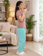 Pink Floral Turquoise Check Cotton Pyjama Set with Pocket | Mangai Nighties
