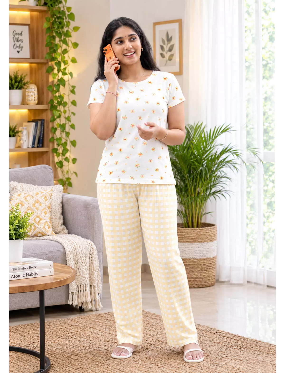 White Floral Yellow Checks Cotton Pyjama Set | Mangai Nighties