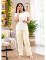 White Floral Yellow Checks Cotton Pyjama Set | Mangai Nighties