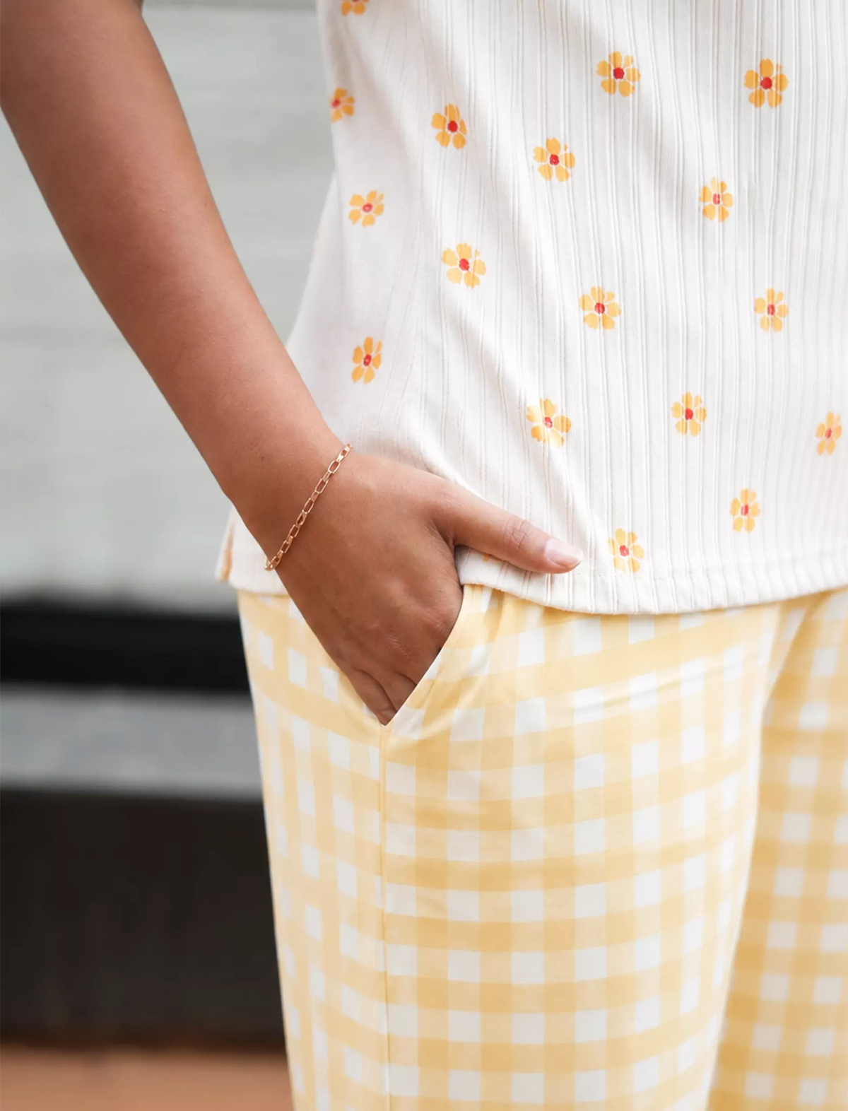 White Floral Yellow Checks Cotton Pyjama Set | Mangai Nighties