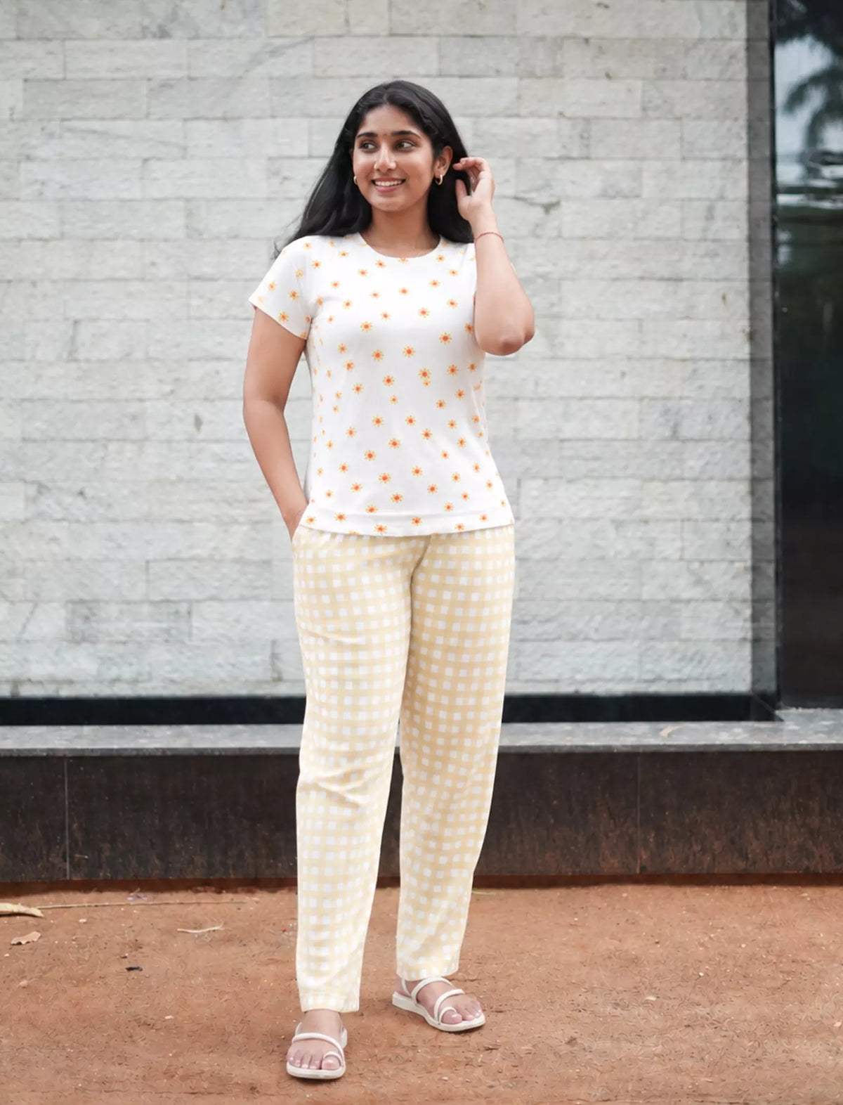 White Floral Yellow Checks Cotton Pyjama Set | Mangai Nighties