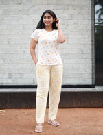 White Floral Yellow Checks Cotton Pyjama Set | Mangai Nighties