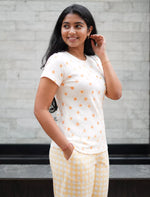 White Floral Yellow Checks Cotton Pyjama Set | Mangai Nighties