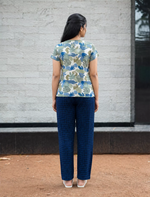 Blue Leaf Print Navy Check Pyjama Set for Women | Mangai Nighties