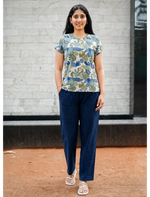Blue Leaf Print Navy Check Pyjama Set for Women | Mangai Nighties