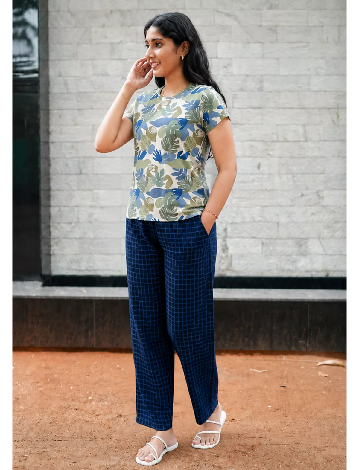 Blue Leaf Print Navy Check Pyjama Set for Women | Mangai Nighties