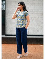 Blue Leaf Print Navy Check Pyjama Set for Women | Mangai Nighties
