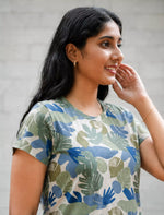 Blue Leaf Print Navy Check Pyjama Set for Women | Mangai Nighties