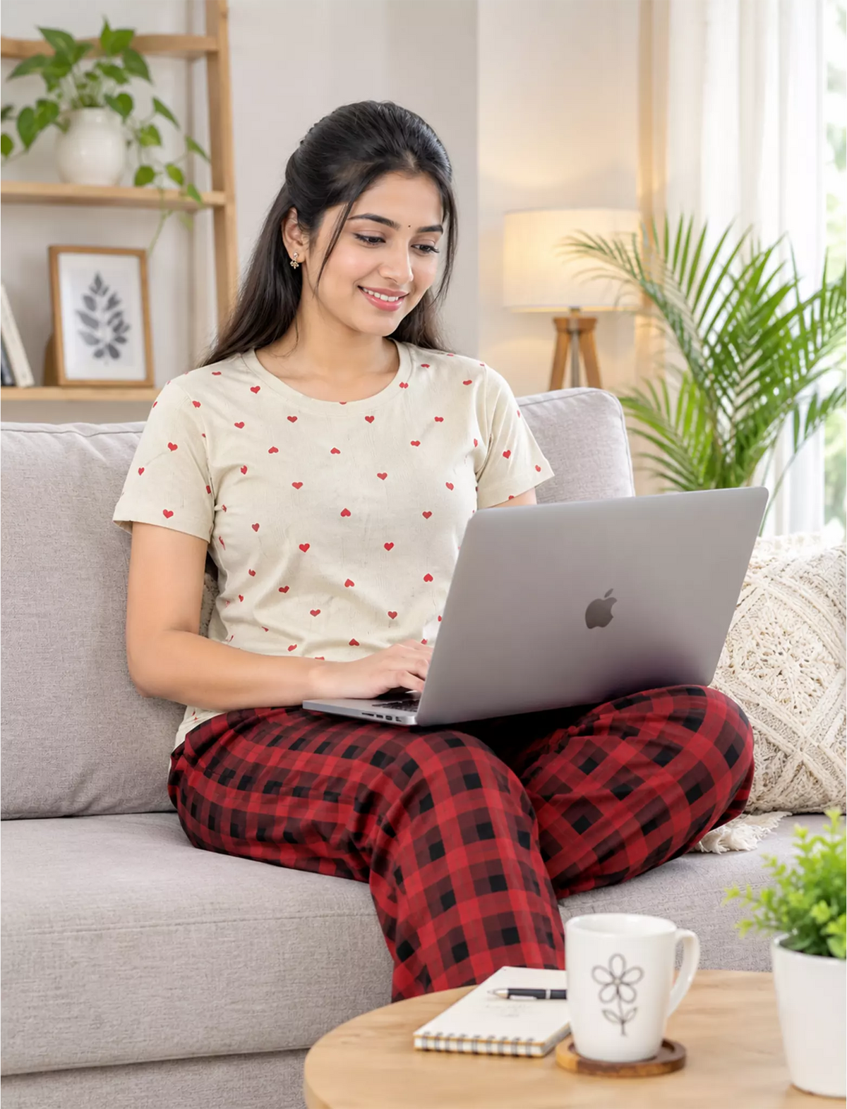 Women’s Ribbed Cotton Heart & Check Pyjama Sets | Mangai Nighties