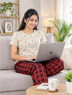 Women’s Ribbed Cotton Heart & Check Pyjama Sets | Mangai Nighties