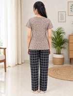 Taupe Small Print Black Checks Pyjama Set Women | Mangai Nighties