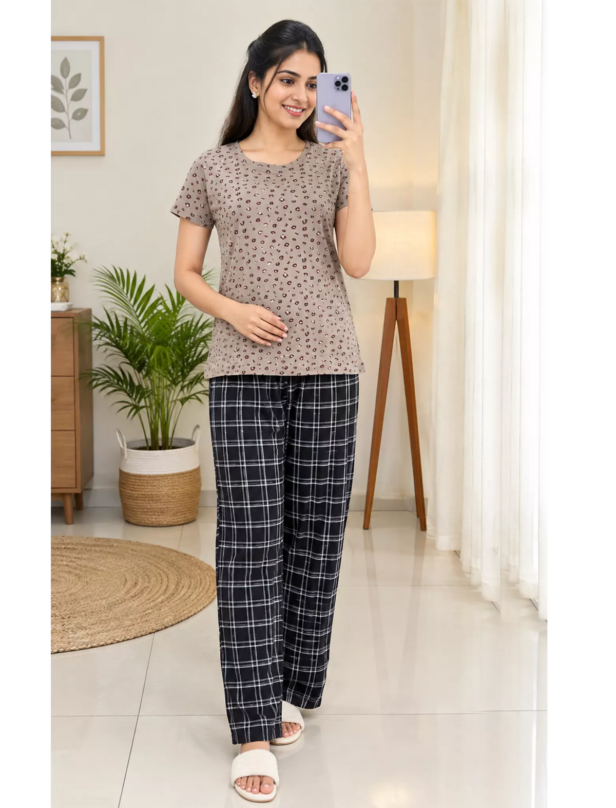Taupe Small Print Black Checks Pyjama Set Women | Mangai Nighties