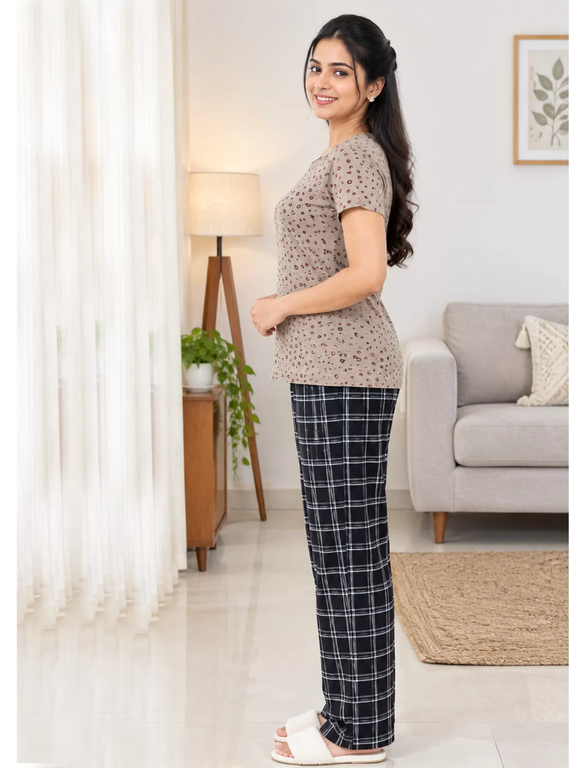 Taupe Small Print Black Checks Pyjama Set Women | Mangai Nighties