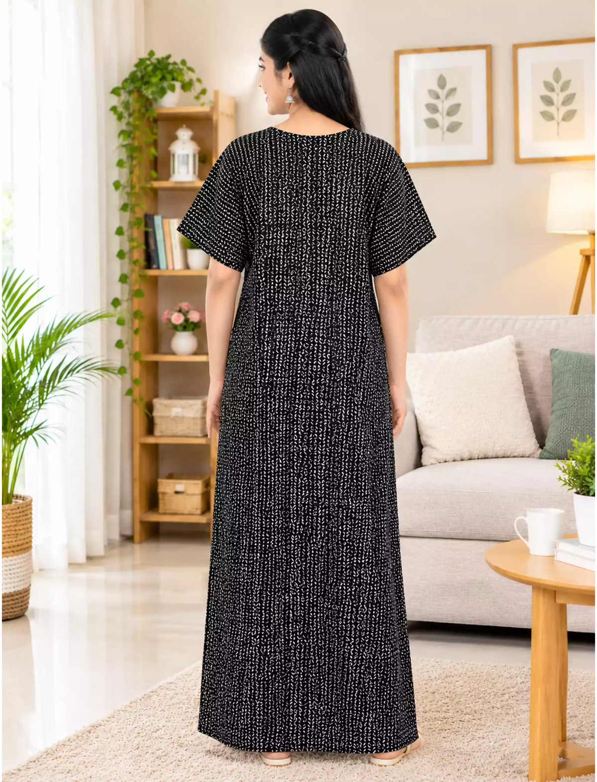 Geometric Print Soft Cotton Zipper Pleated Nighty for Daily Wear - Mangai Nighties