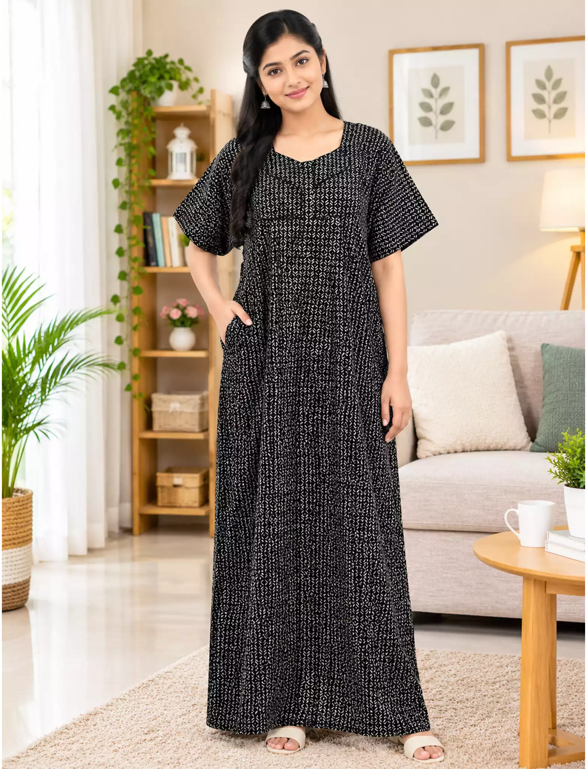 Geometric Print Soft Cotton Zipper Pleated Nighty for Daily Wear - Mangai Nighties