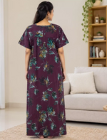 Cotton Floral Printed Pleated Front Zip Nighty with Front Zip- Mangai Nighties