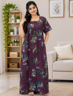 Cotton Floral Printed Pleated Front Zip Nighty with Front Zip- Mangai Nighties