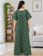 Women Soft Cotton Abstract Print Front Open Zipper Nighty - Mangai Nighties