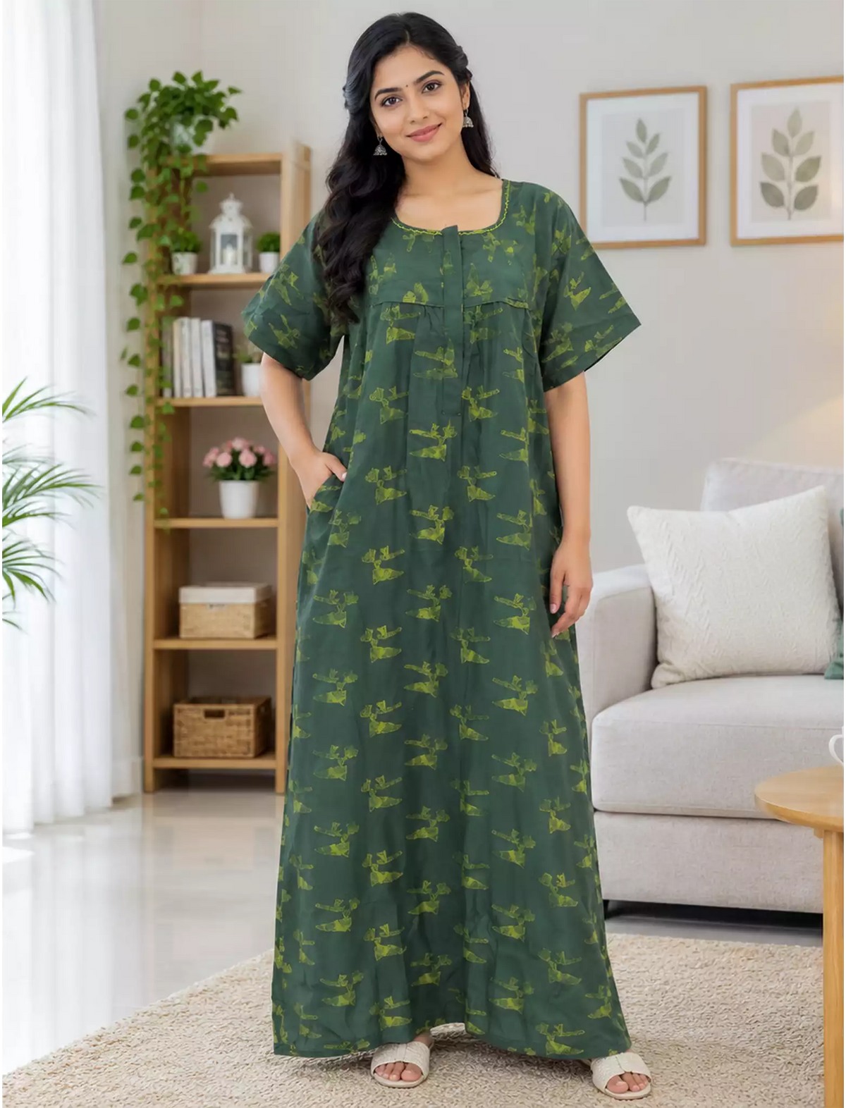 Women Soft Cotton Abstract Print Front Open Zipper Nighty - Mangai Nighties