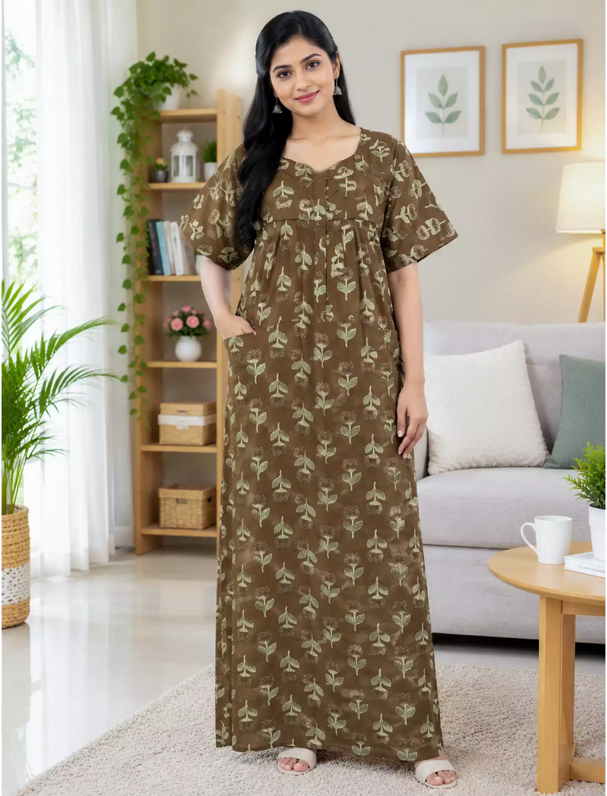 Cotton Floral Print Soft Cotton Zipper Pleated Style Nighty - Mangai Nighties