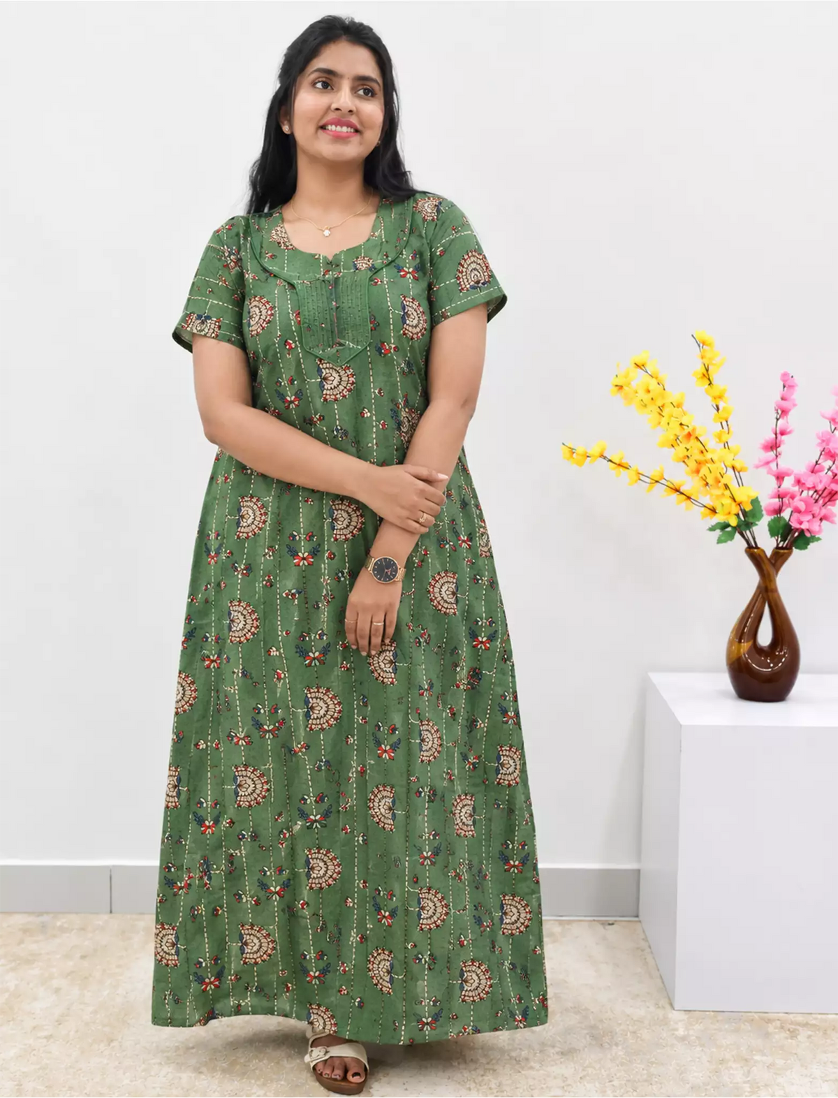 MANGAI Premium Cotton 60Inch Nighties - Fancy Neck - Mangai Nighties