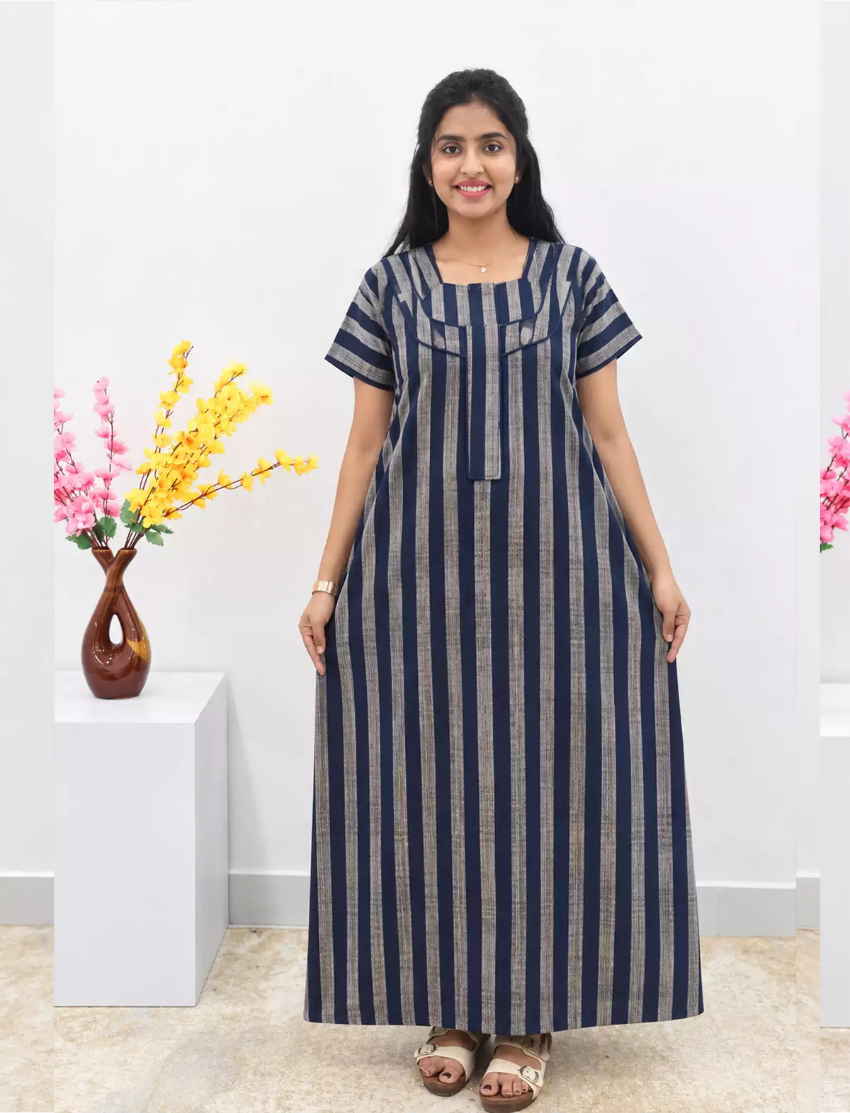 MANGAI Premium Cotton 60Inch Nighties - Fancy Neck | With Side Pocket | Shrinkage Free Nighties | Stylish Collection's for Trendy Women's - (60IN-FFN)