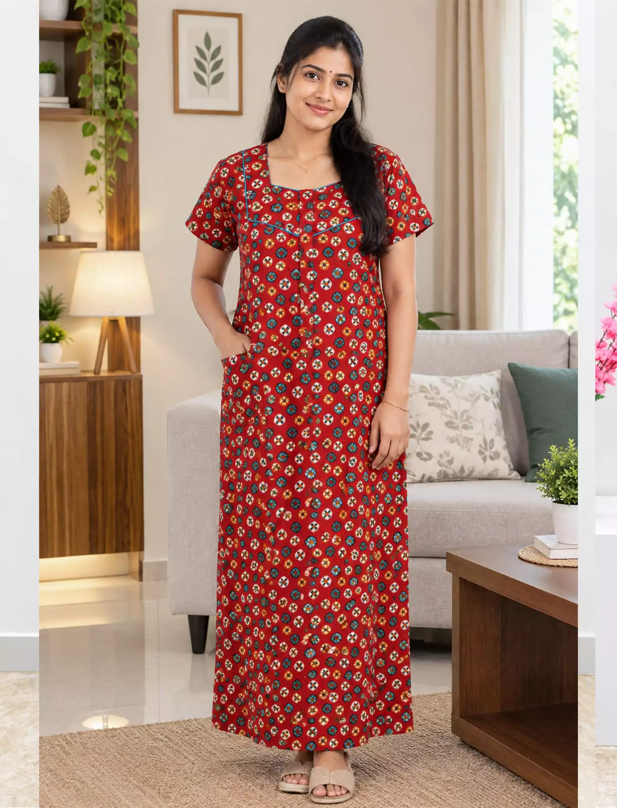 MANGAI Premium Cotton 60Inch Nighties - Fancy Neck | With Side Pocket | Shrinkage Free Nighties | Stylish Collection's for Trendy Women's - (60IN-FFN)