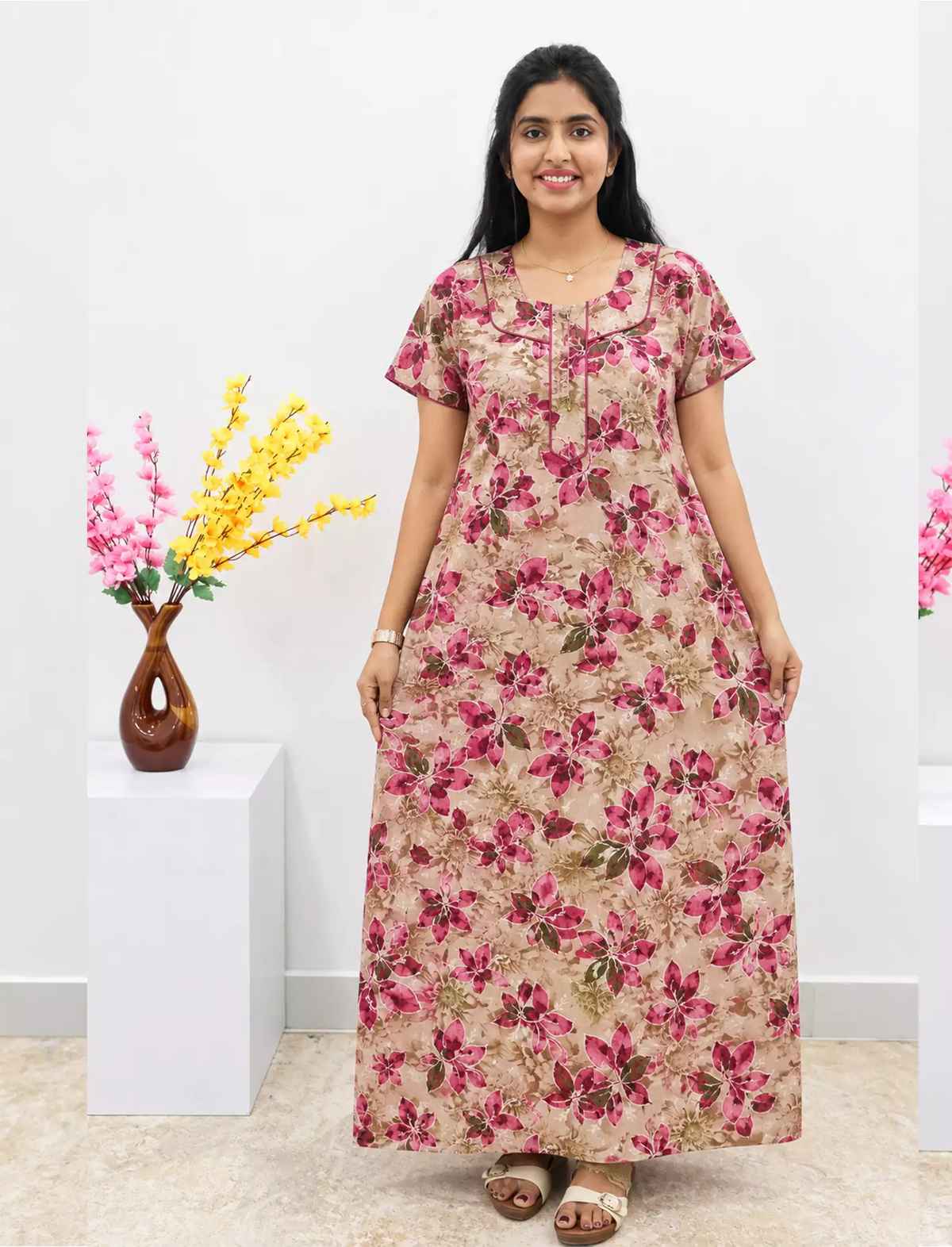 MANGAI Premium Cotton 60Inch Nighties - Fancy Neck - Mangai Nighties