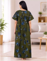 Cotton Floral Printed Pleated Front Zip Nighty with Front Zip- Mangai Nighties