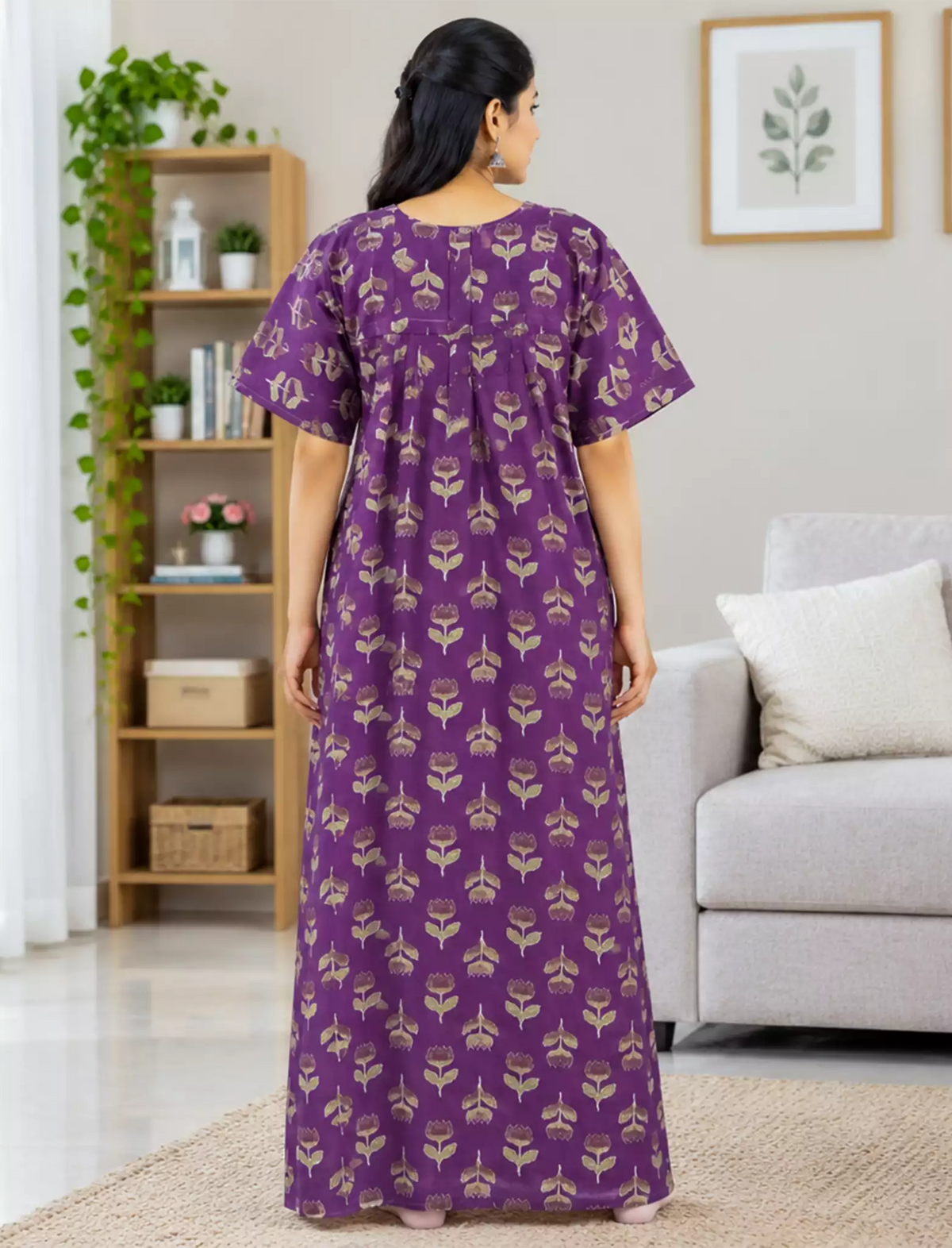 Cotton Floral Print Soft Cotton Zipper Pleated Style Nighty - Mangai Nighties