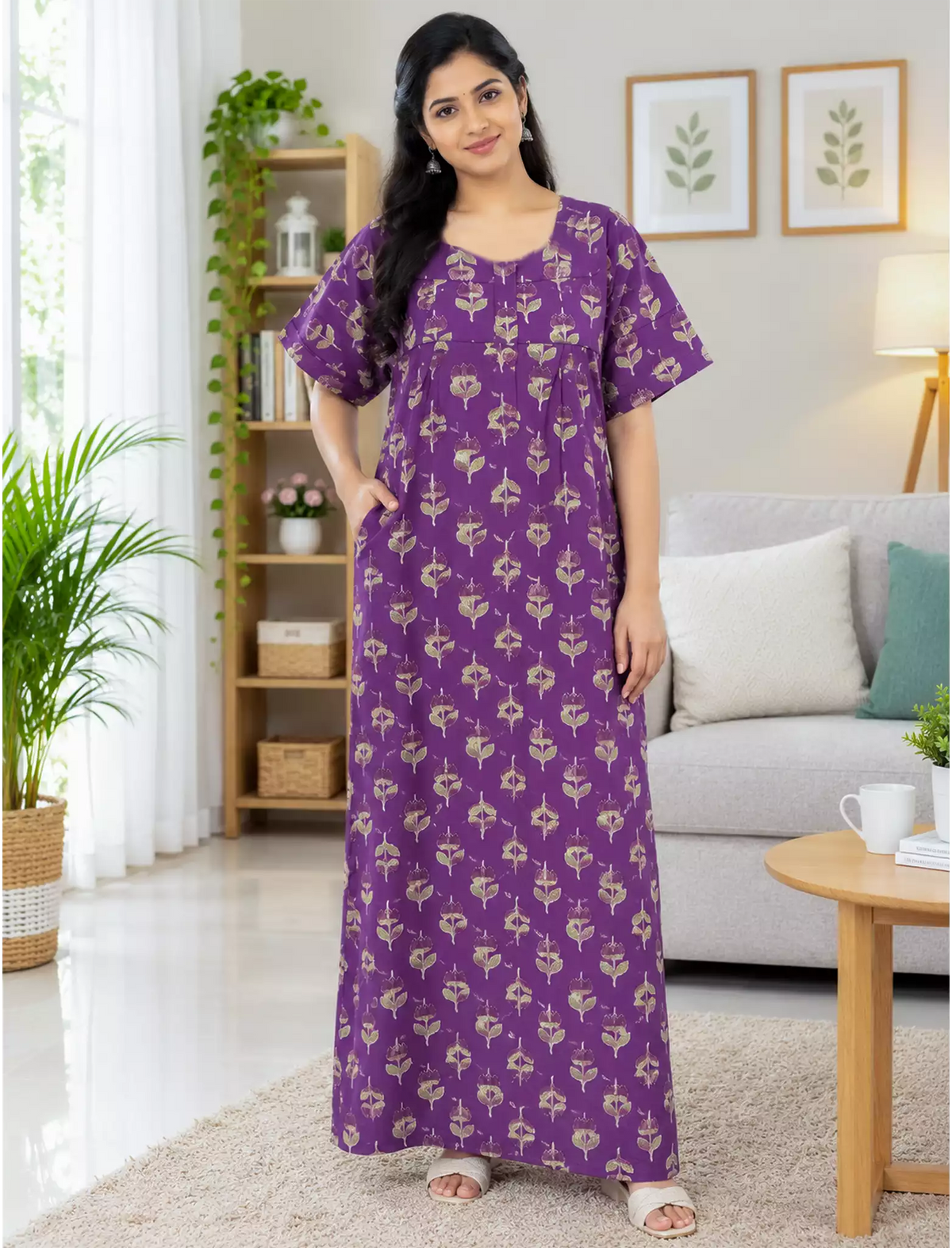Cotton Floral Print Soft Cotton Zipper Pleated Style Nighty - Mangai Nighties