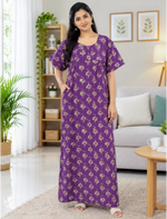 Cotton Floral Print Soft Cotton Zipper Pleated Style Nighty - Mangai Nighties