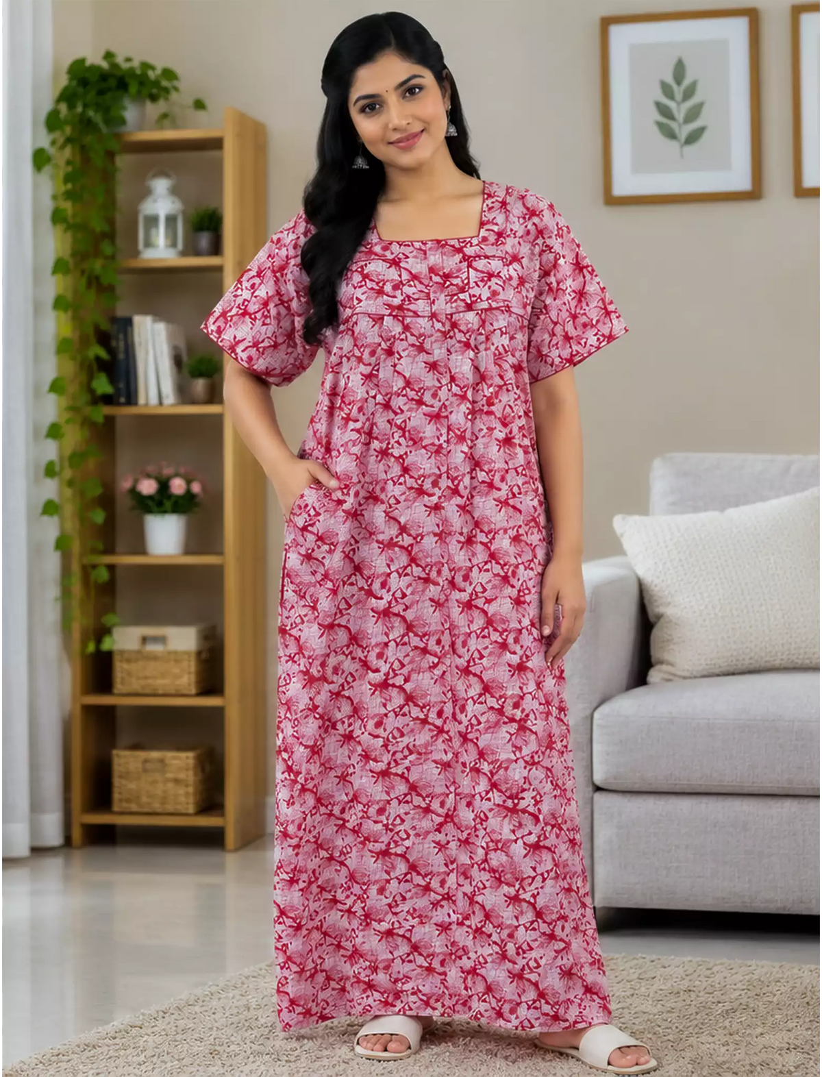 Geometric Print Soft Cotton Zipper Pleated Nighty for Daily Wear - Mangai Nighties