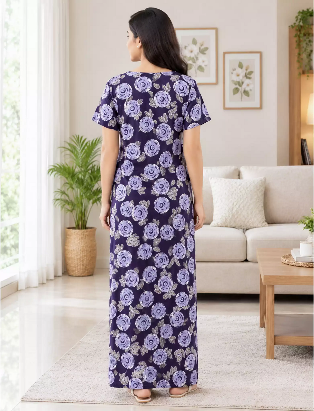 Cotton Swirl Floral Soft Zipper Front Nighty with Round Neck- Mangai Nighties