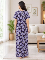 Cotton Swirl Floral Soft Zipper Front Nighty with Round Neck- Mangai Nighties