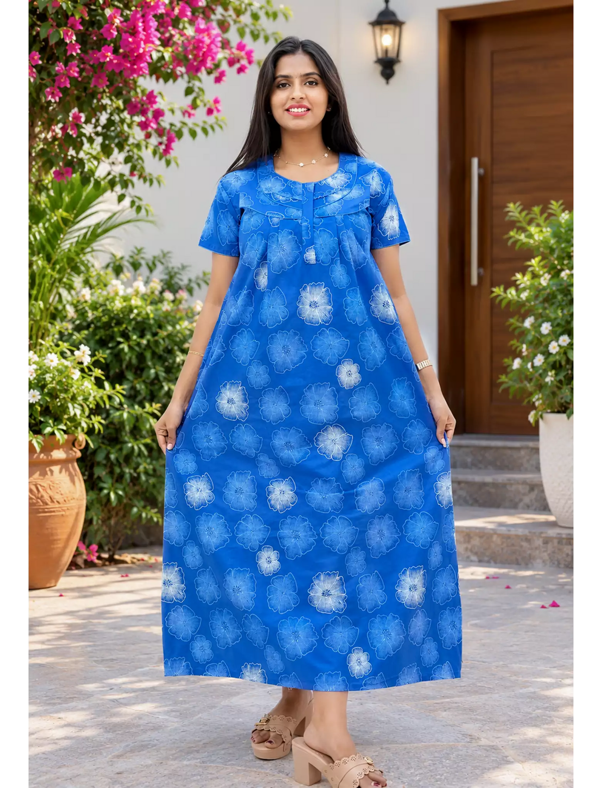 Cotton Floral Printed Front Zipper Nighty with Pocket | Mangai Nighties
