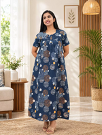 Abstract Cotton Pleated Nightdress with Side Pocket | Mangai Nighties