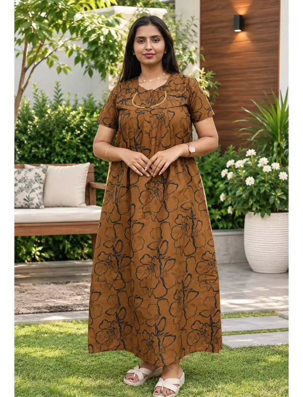 Floral Print Cotton Pleated Nighty with Side Pocket | Mangai Nighties