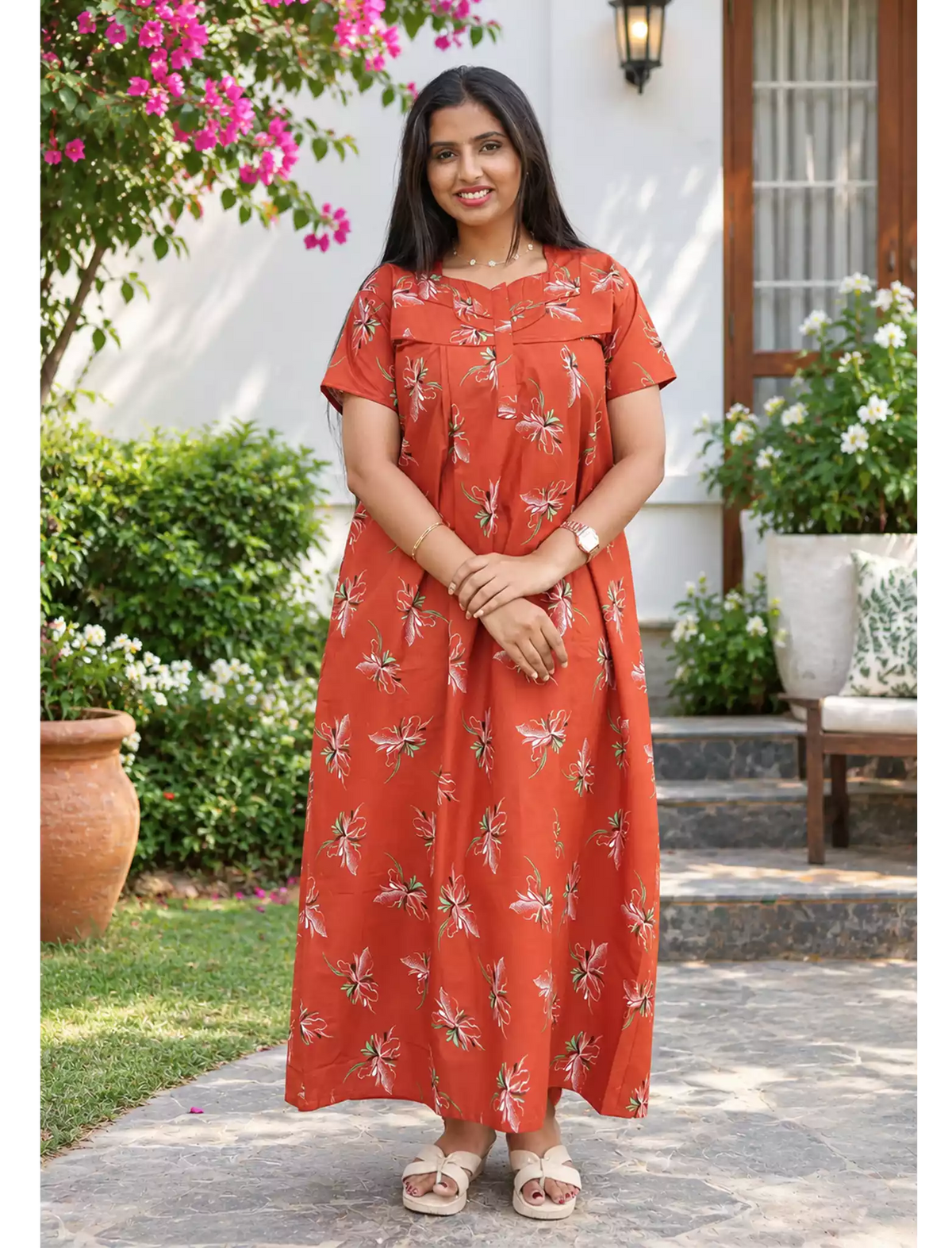 Elegant Floral Cotton Daily wear Nighty with Front Zip | Mangai Nighties