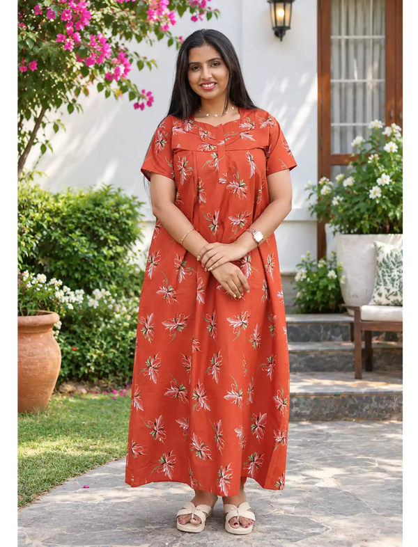 Elegant Floral Cotton Daily wear Nighty with Front Zip | Mangai Nighties