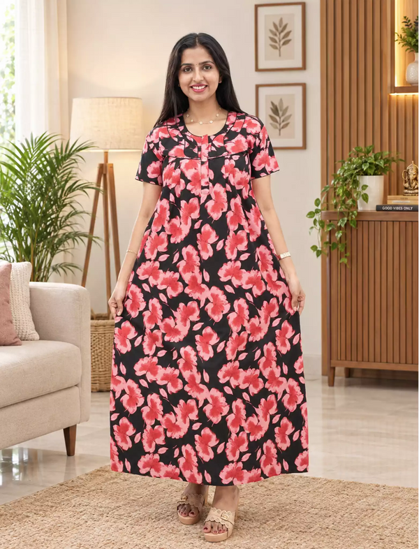 Floral Print Cotton Daily Wear Pleated Nighty with Front Zip | Mangai Nighties
