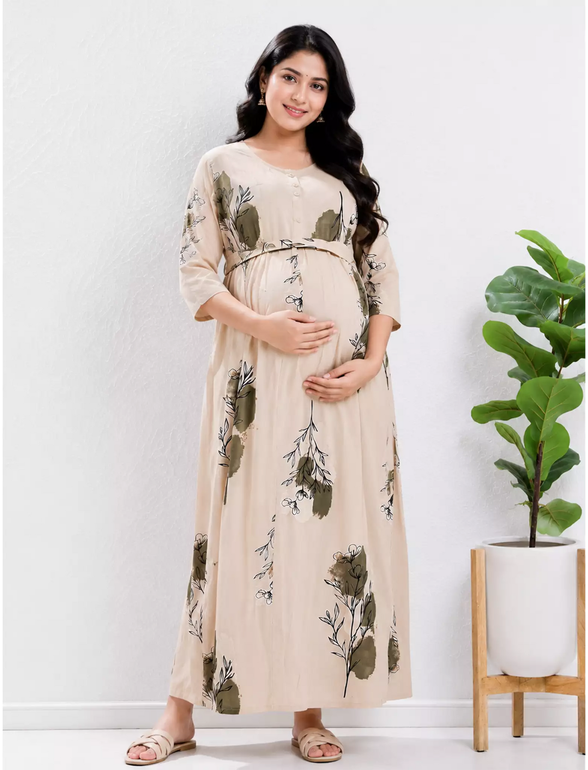 Cream Rayon Feeding Nighty Front Zip - Mangai Nighties