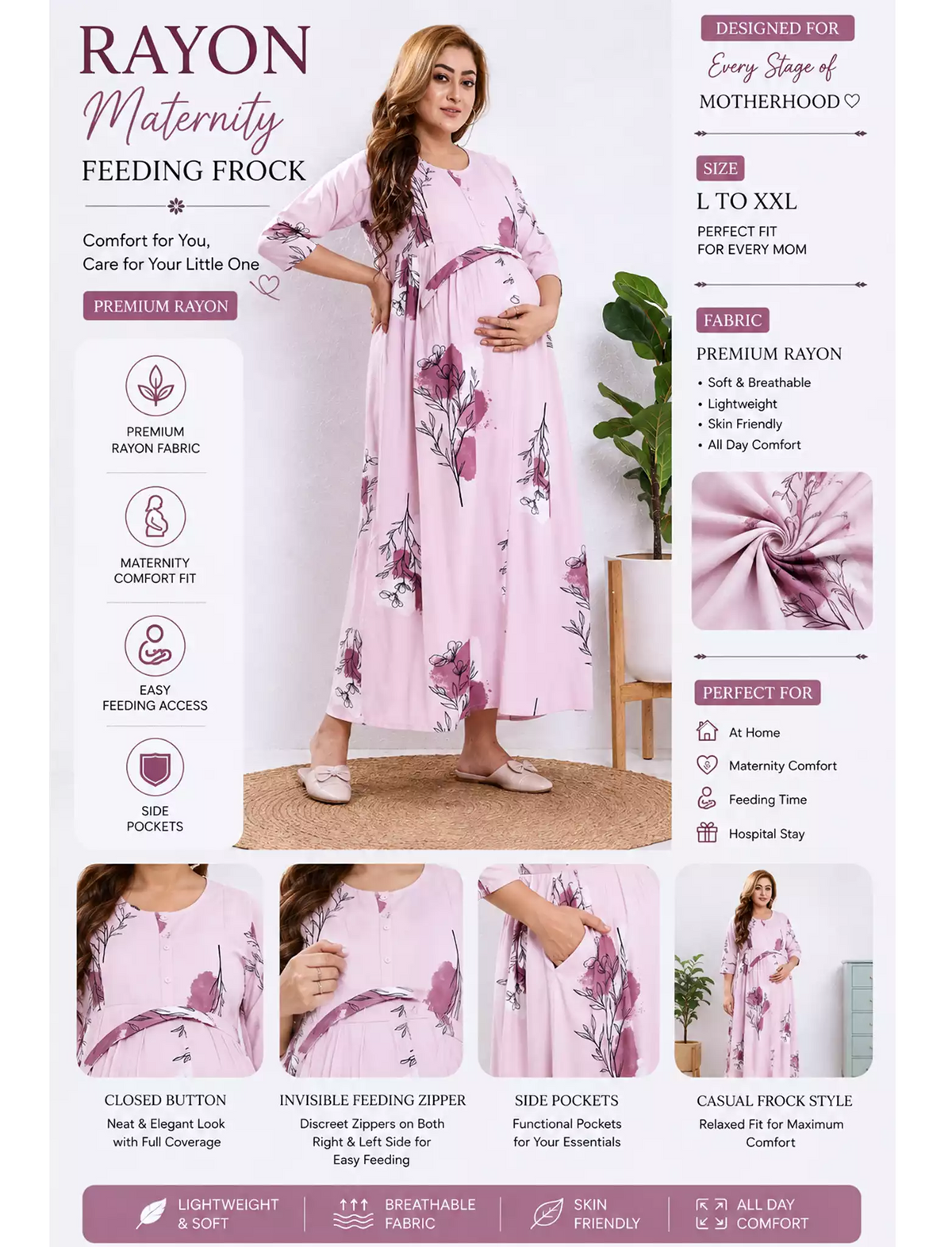 Baby Pink Rayon Feeding Long Frock - Mangai Nighties