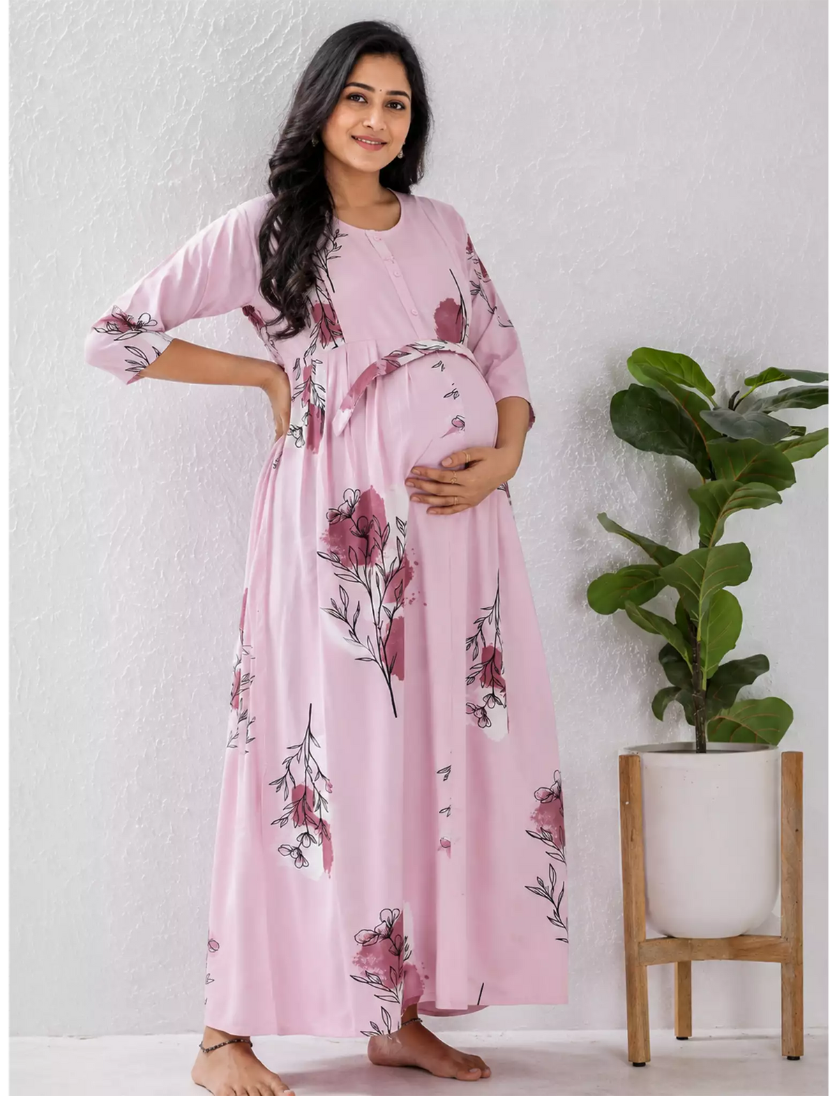 Baby Pink Rayon Feeding Nighty Front Zip - Mangai Nighties