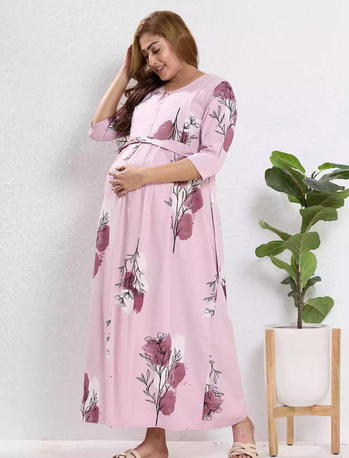 Baby Pink Rayon Feeding Long Frock - Mangai Nighties