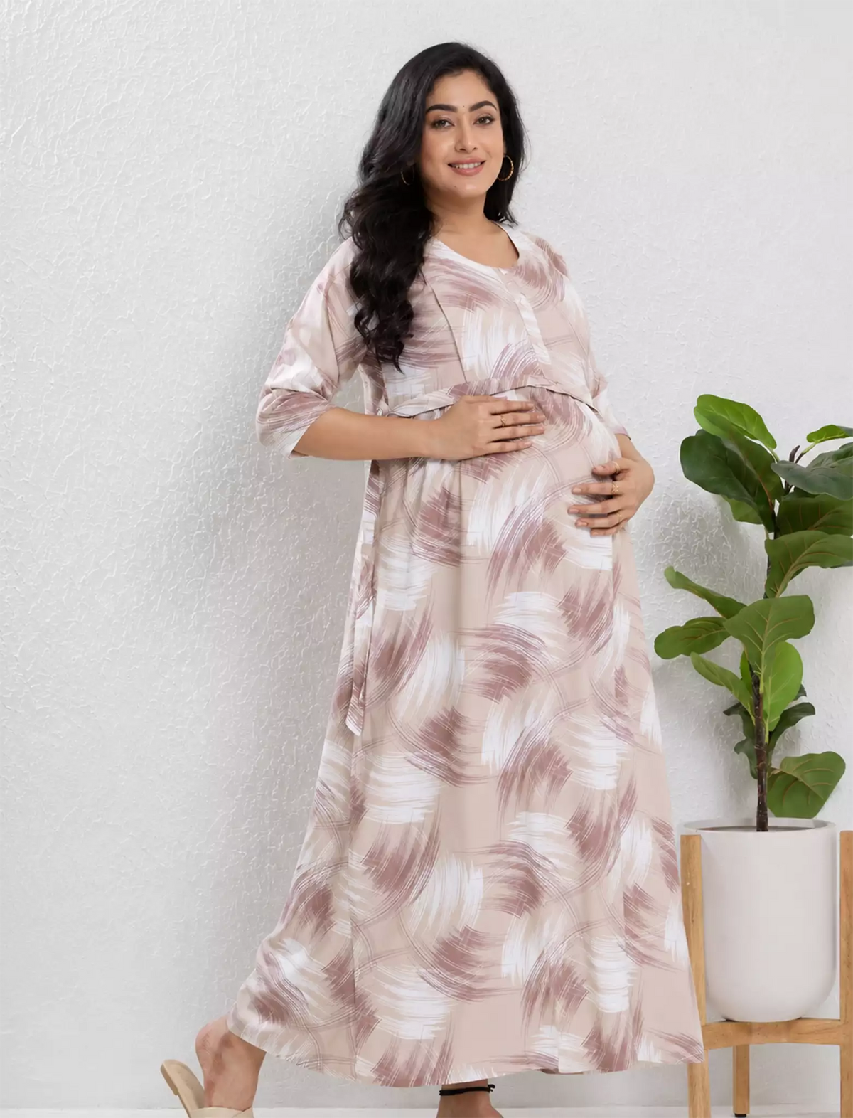 Beige Rayon Feeding Nighty Front Zip - Mangai Nighties